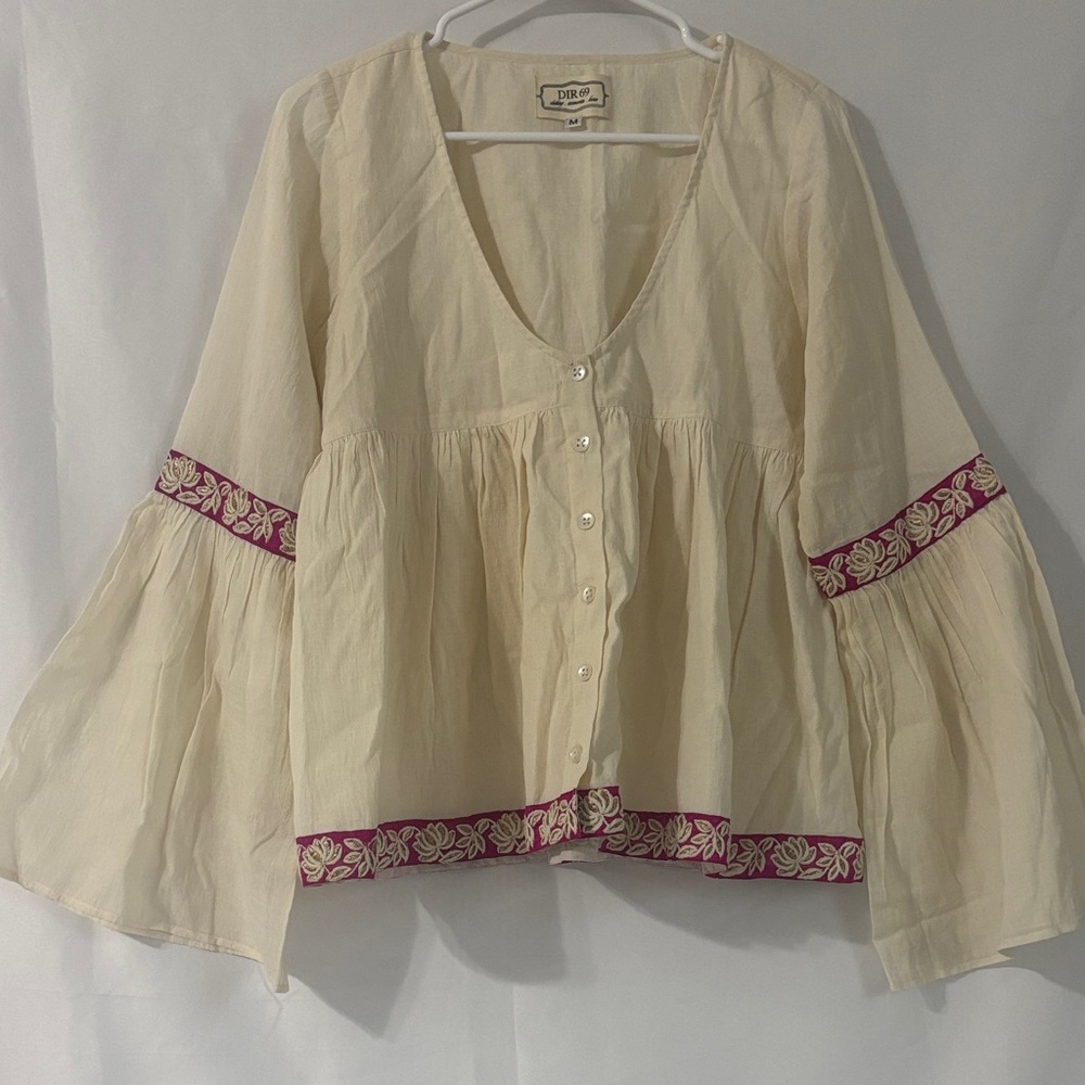 Umgee Cream Blouse with Pink Trim